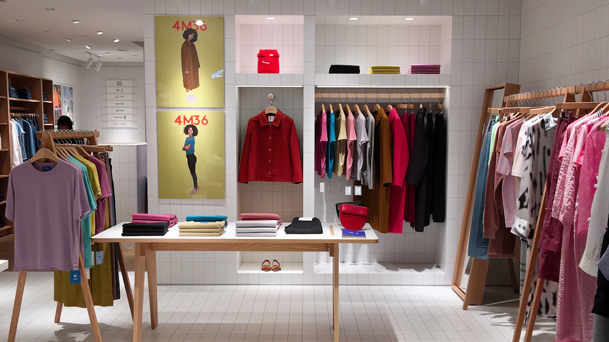 Intérieur d'une boutique de vêtements avec portants et présentoirs