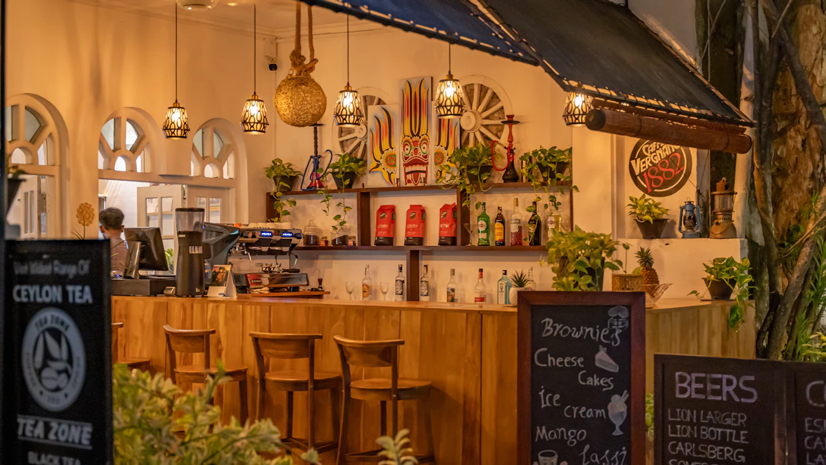 Salon de thé chaleureux avec comptoir et plantes