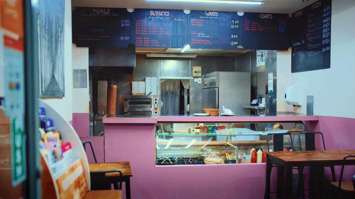 Comptoir d'un restaurant kebab avec broche et menu