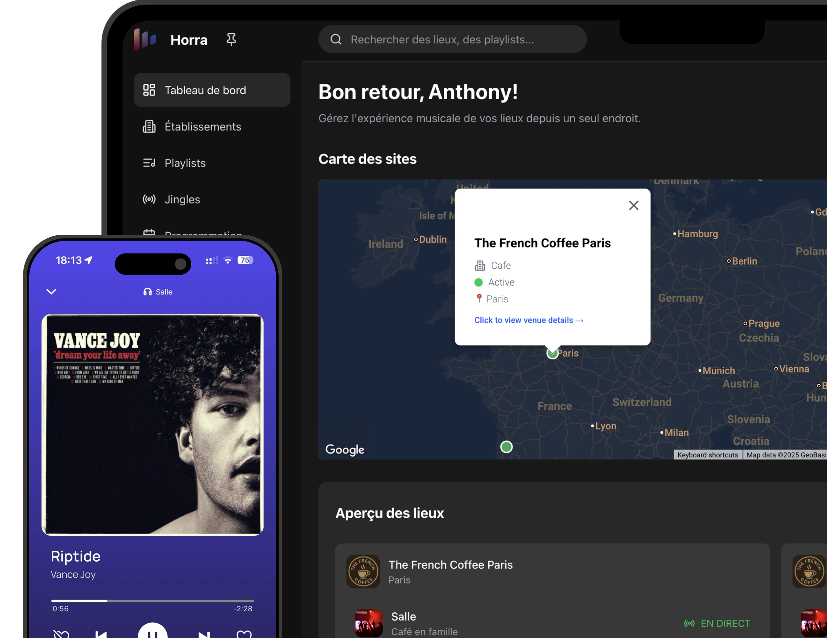 Vista previa de la aplicación Horra: panel multiestablecimiento y reproductor móvil