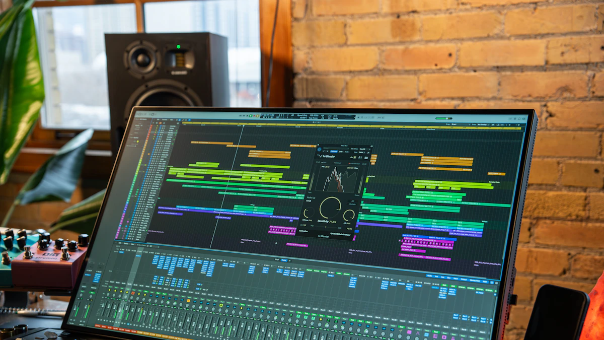 Écran affichant un logiciel de musique dans un studio en brique