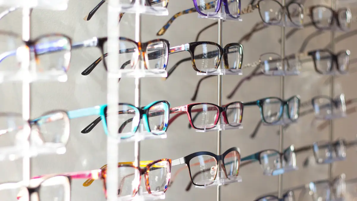 Mur de montures de lunettes colorées sur présentoirs transparents chez un opticien